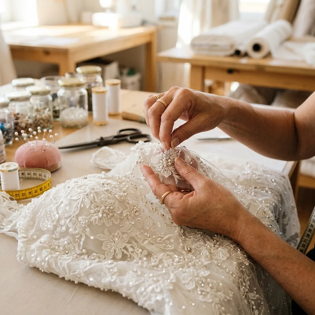 Wedding dress alterations, custom bridal gown bustle fitting, and bridesmaid dress adjustments at Farmers Branch DFW tailoring & alteration boutique